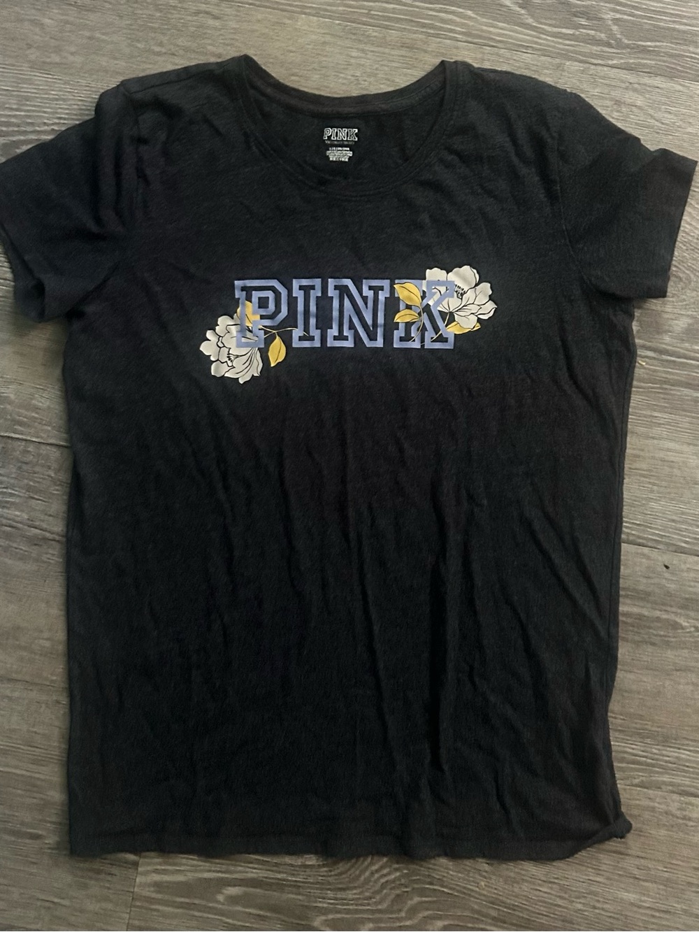 PINK Victoria's Secret Black Short Sleeve Tee with Floral Logo